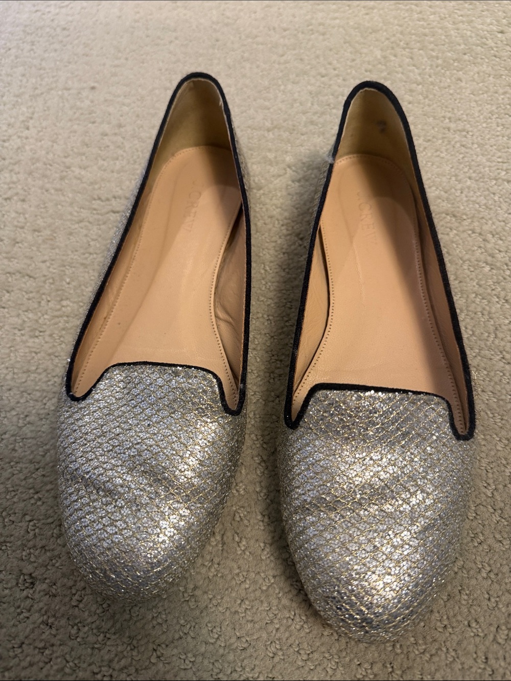 J. Crew Silver Glitter Pointed Flats with Black Trim